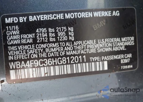 2017 BMW 430I Gran Coupe xDrive z USA, uszkodzony, nr VIN WBA4F9C36HG812011